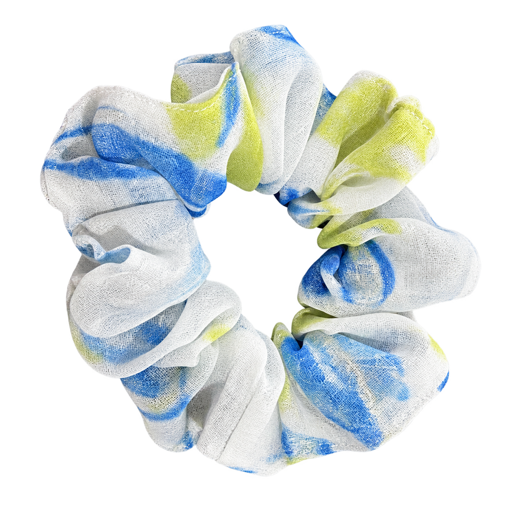 Scrunchie azul y amarillo estampado