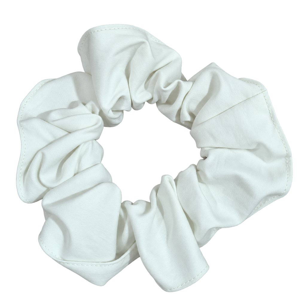 Scrunchie blanco con textura de la colección limitada, portada individual.